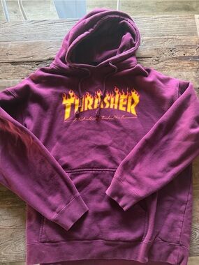 Thrasher Burgundy Hooded Sweatshirt with Yellow Flame Logo